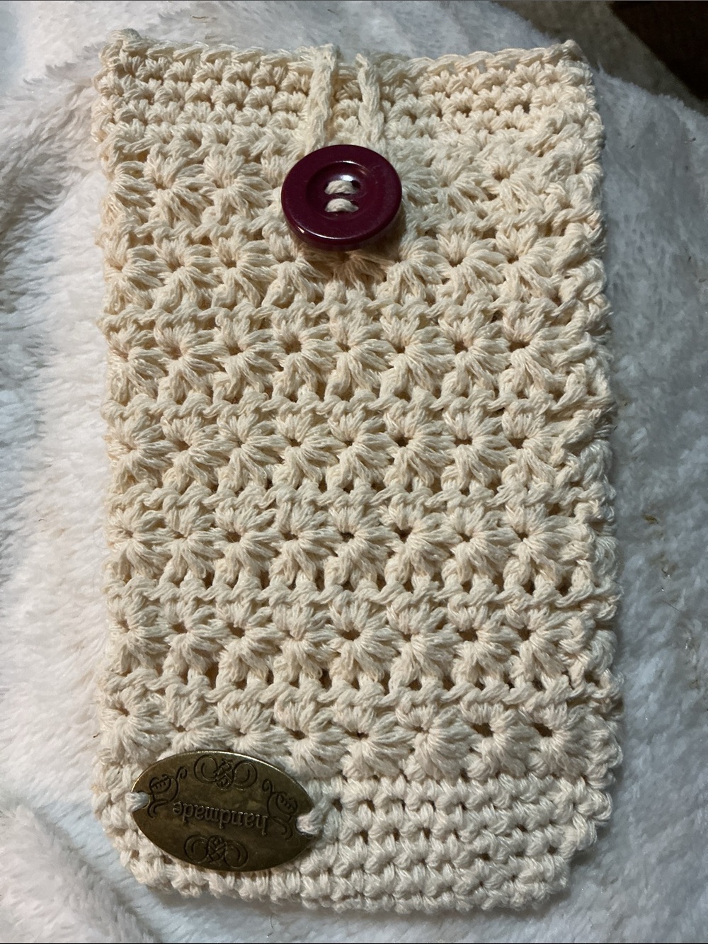 Hand Crafted Cream Crochet Phone Sleeve with Burgundy Button